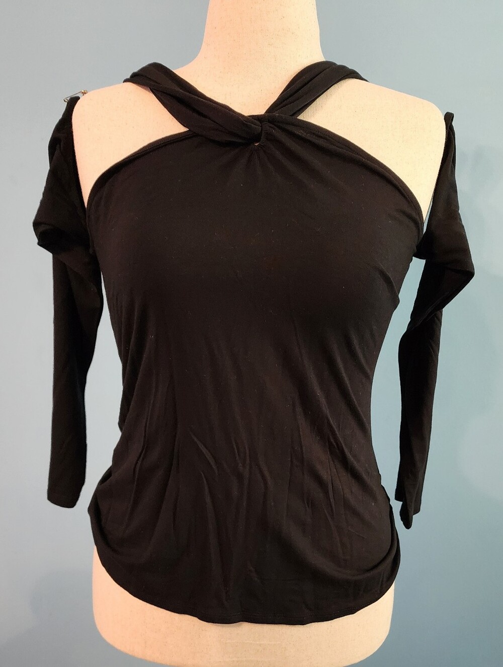 VENUS Black Twist-Front Cold Shoulder Long Sleeve Top